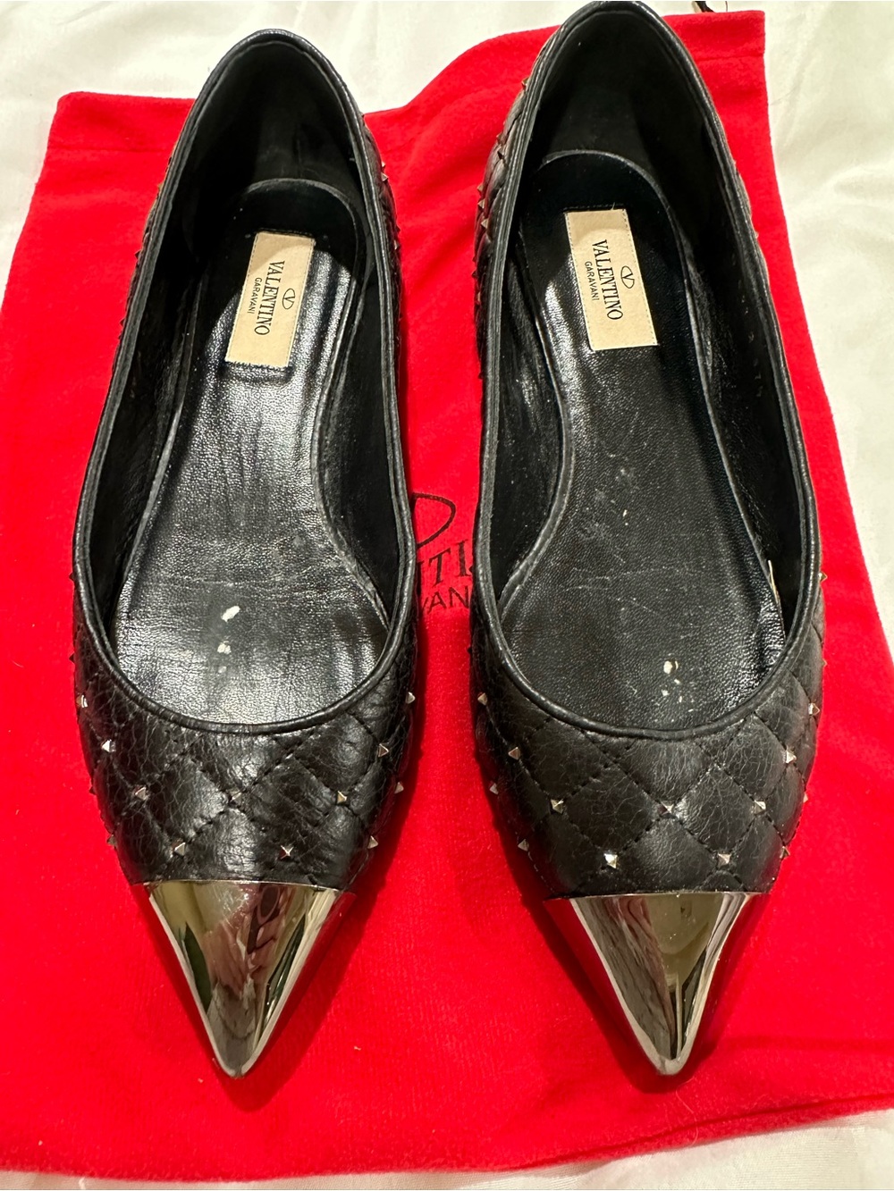 Valentino Garavani Black Quilted Flats with Silver Pointed Caps